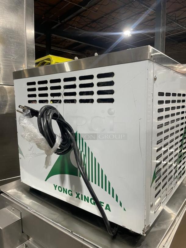 Commercial stainless steel electric ice cream machine, model ICM-12, single-flavor, 110V, with visible power cord.