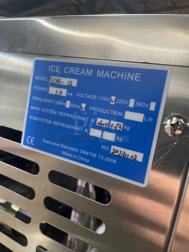 Commercial stainless steel electric countertop ice cream machine, model ICM-12, single-flavor, 110V, SN: 20231102.