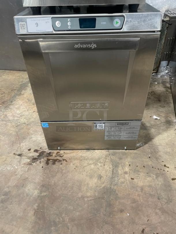 Hobart Advansys LXe Series stainless steel high-temp undercounter dishwasher, Model LXER, Energy Star, with full-size cup rack.