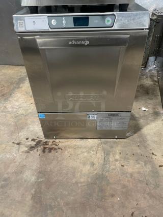 Hobart Advansys LXe Series stainless steel high-temp undercounter dishwasher, Model LXER, Energy Star, with full-size cup rack.