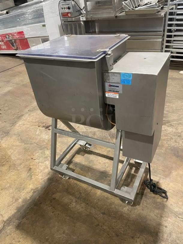 Tre Spade/Omcan MX-50 heavy-duty meat mixer, 2020 model, electric-powered, free-standing, with casters, 220-240V, in good condition.