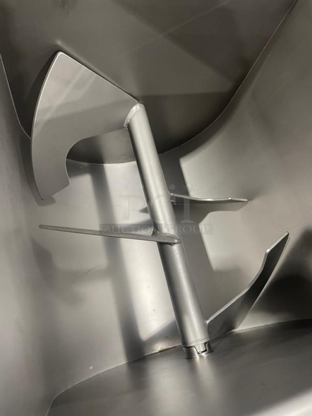 Tre Spade/Omcan MX-50 meat mixing machine interior, commercial-grade, electric, stainless steel, on casters, model 2020.