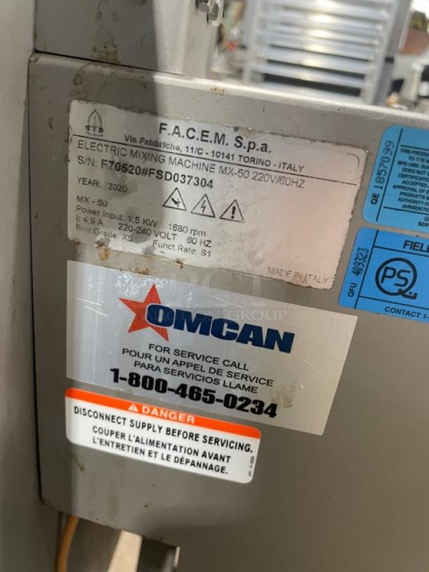 Tre Spade/Omcan MX50 electric meat mixer, model 2020, on casters. Serial: F70520#FSD037304. 220-240V, labels visible.