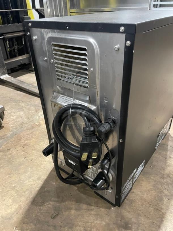 MerryChef Eikon E2S commercial high-speed cook oven, black, electric-powered, 208/240V, 1-phase, showing back vent and power cord.