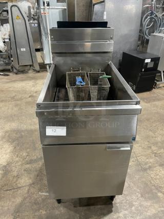 Commercial Stainless Steel Natural Gas Powered Deep Fat Fryer! With Back Splash & Basket Hanger! With Fry Basket! On Legs! - Item #1217972