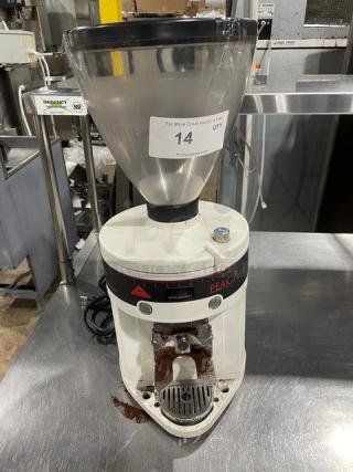 Mahlkonig PEAK white commercial espresso grinder, 2019 model, with clear hopper and visible markings, electric-powered, countertop design.