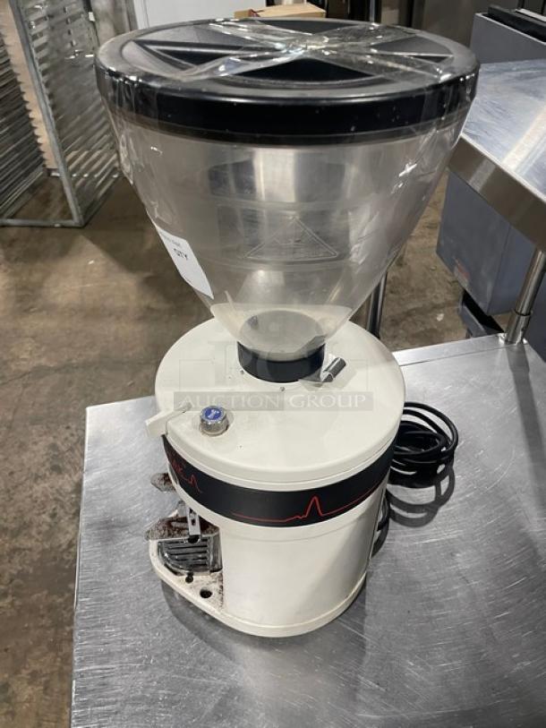 2019 Mahlkonig PEAK Series white espresso grinder, electric, with clear hopper, countertop model, 100-120V, good condition.