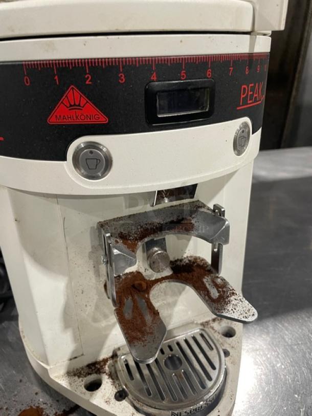 Mahlkonig 2019 PEAK Series commercial white espresso grinder, clear hopper, 100-120V, countertop model, fair condition.