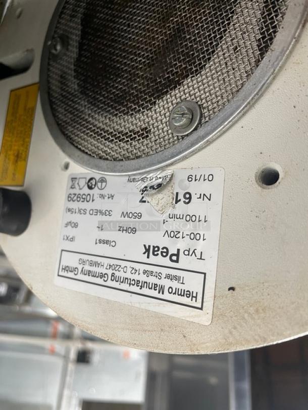 Mahlkonig PEAK espresso grinder, white, 2019 model, electric, clear hopper, 100-120V, with visible manufacturing label.