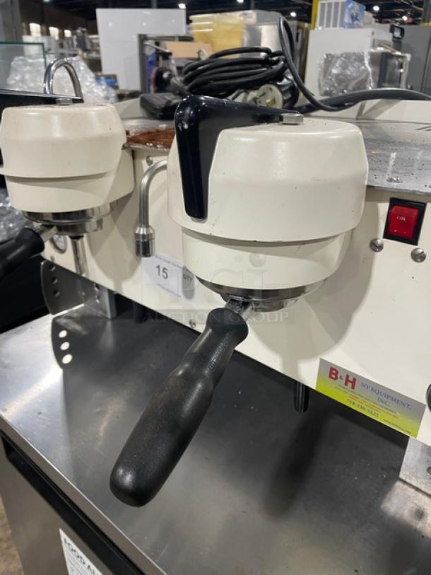 Synesso S200 Series white two-group espresso machine with steam wand, electric powered, good condition, countertop model.