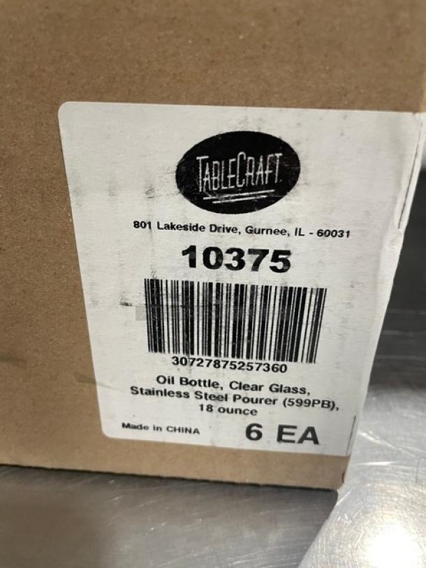 TableCraft Model 10375 clear glass 18 oz oil and vinegar cruet with stainless steel pourer, new condition, 6-pack.