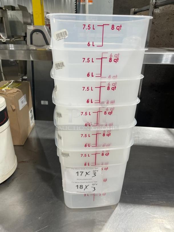 Cambro 8SFSPROPP 8 Qt. square food containers, clear with handles, new condition, red measurement markings, stack of six.