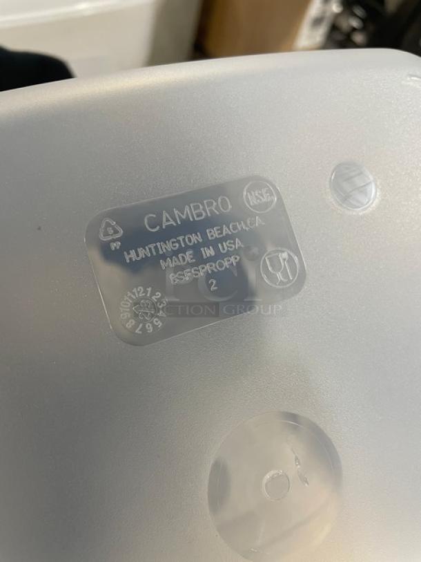 Cambro 8SFSPROPP clear 8 Qt. square food container, with handles, made in USA, tag shows model and NSF certification.