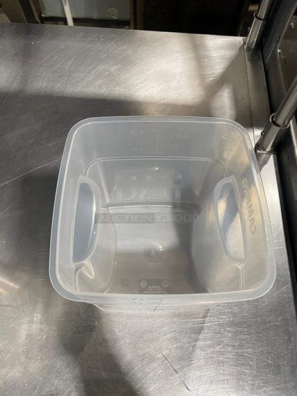 NEW Cambro 4 Qt. square food container, model 4SFSPROPP. Clear, commercial-grade, with handles, new condition.