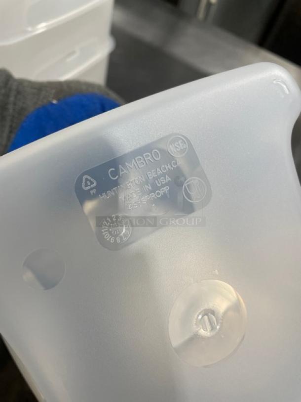 Cambro 4SFSPROPP clear 4 Qt. square food container with handles, durable, NSF certified, made in USA.