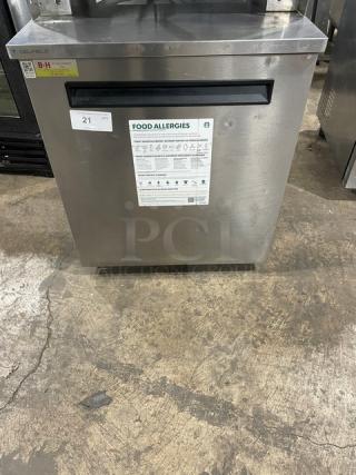 Delfield 406P-STAR2 stainless steel single door undercounter worktop refrigerator on casters, with visible labels.
