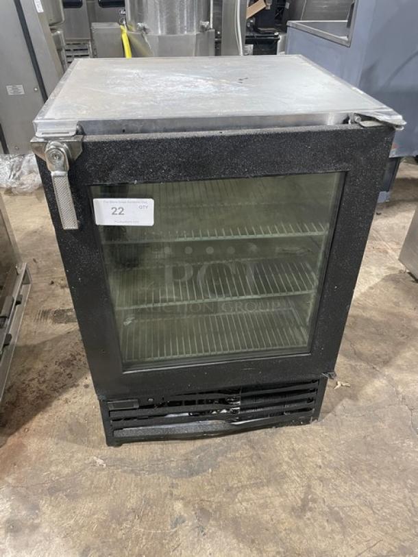 Glastender 2018 countertop mug chiller, model MVF24GNL, single glass door, stainless steel, black powder-coated finish.