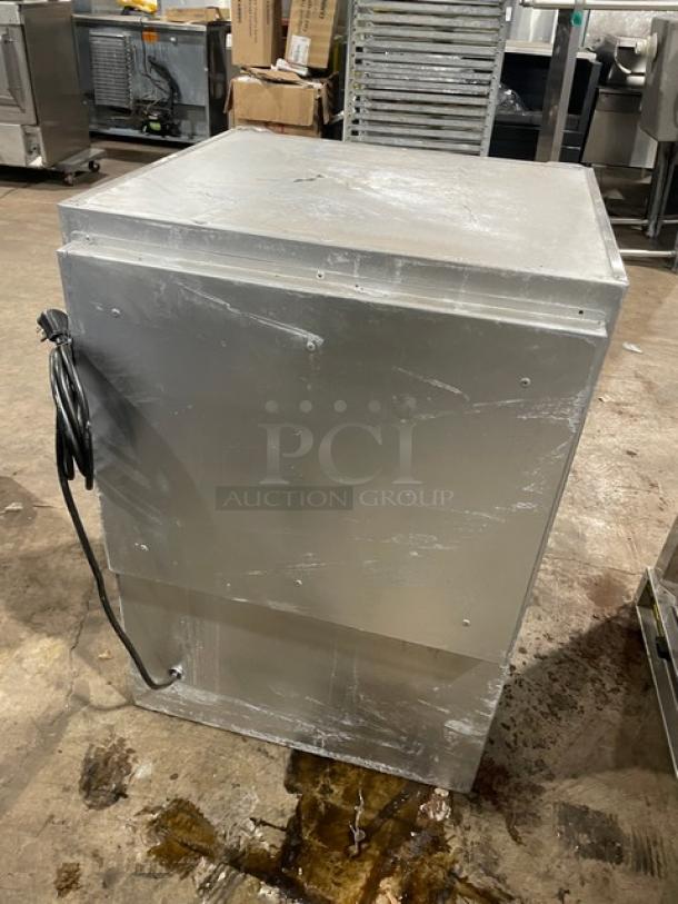 Glastender single glass door countertop mug chiller, model MVF24GNL, 2018, stainless steel, 120V, visible wear.