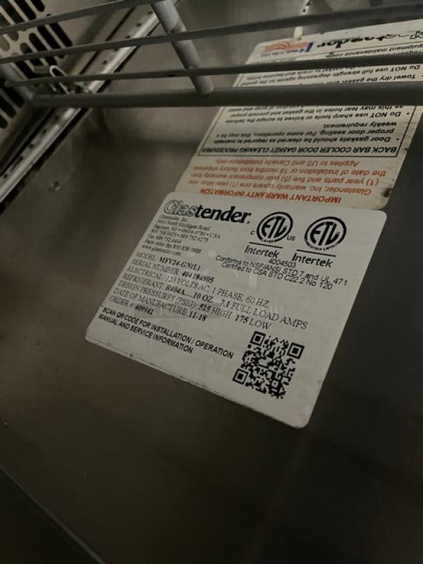 Glastender single glass door mug chiller/froster, model MVF24GNL, 2018, stainless steel/black finish, poly coated wire racks.