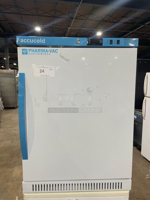 Accucold ARS6PV medical-grade refrigerator, white, single door, ADA height, Pharma-Vac Performance series, poly coated rack.