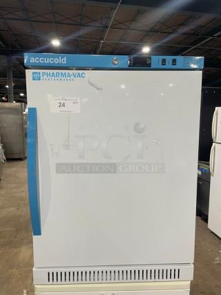 Accucold ARS6PV medical-grade refrigerator, white, single door, ADA height, Pharma-Vac Performance series, poly coated rack.