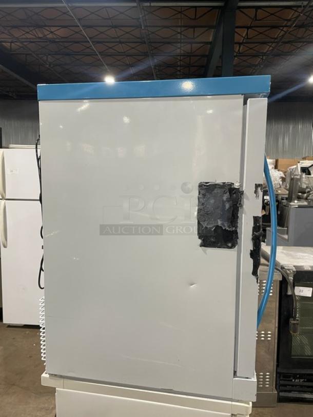 Accucold ARS6PV medical-grade refrigerator, white, single door, ADA height, poly coated rack, visible dents on surface.
