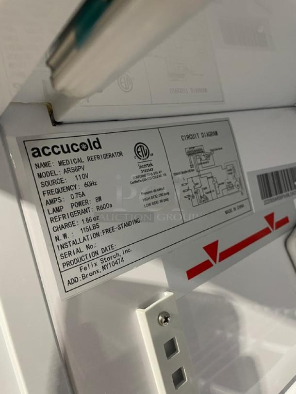 Accucold Pharma-Vac ARS6PV medical-grade refrigerator label with specifications and circuit diagram.