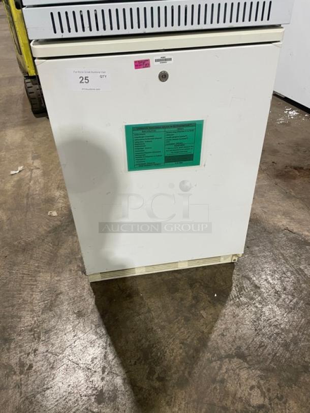 Fisher Scientific undercounter flammable storage unit, model 979381, white, single door, with poly-coated wire rack.