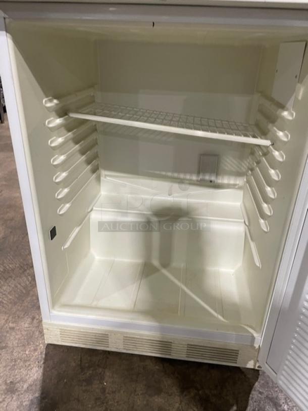 Fisher Scientific commercial white undercounter storage unit, Model 979381, with poly-coated wire rack, for flammable materials.