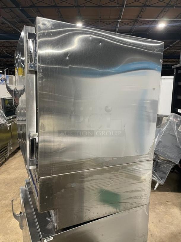 Follett REF5 stainless steel, medical-grade undercounter refrigerator, featuring a solid single door and poly-coated wired rack.