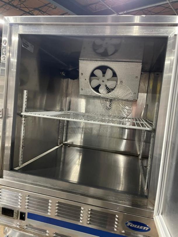 Follett REF5 stainless steel single-door medical refrigerator with poly-coated wire rack, commercial-grade, 115V, used.