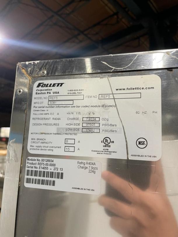 Follett REF5 stainless steel undercounter refrigerator, medical-grade, single door, poly coated rack, model label visible.