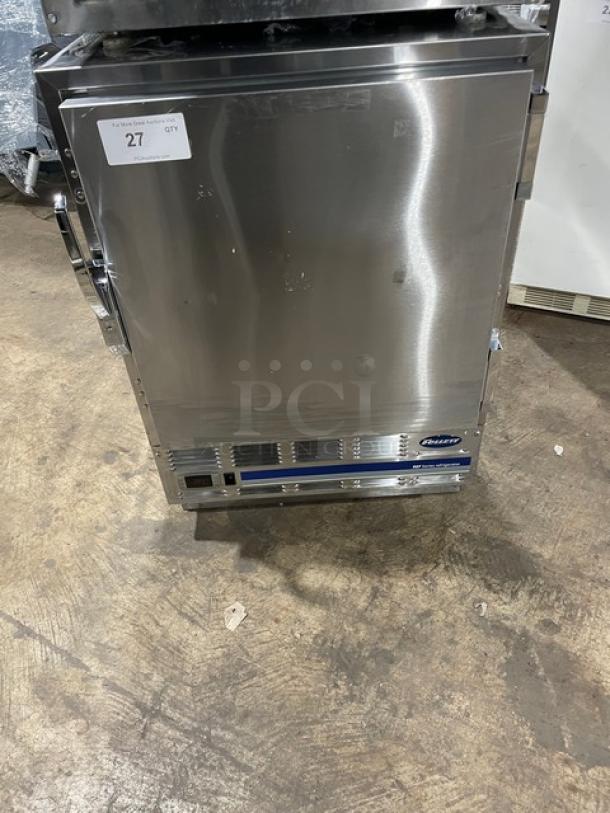 Follett REF5 stainless steel undercounter refrigerator, medical-grade, single door, poly coated wired rack, 115V, SN: E13997-27113.