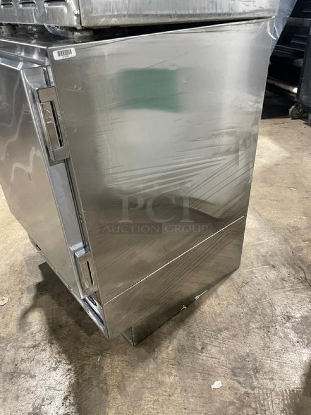 Follett REF5 medical-grade stainless steel undercounter refrigerator; solid single door; poly-coated wire rack; 115V, SN: E13997-27113.