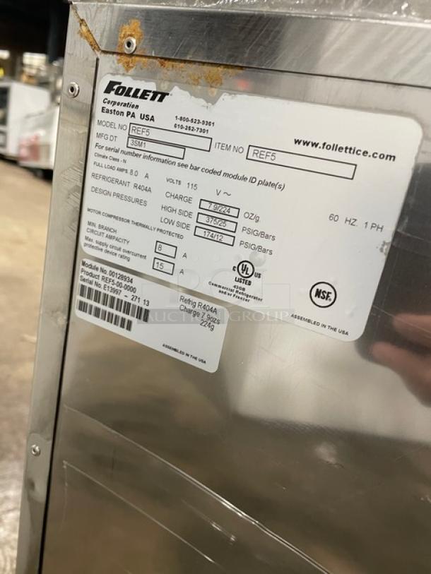 Follett REF5 undercounter refrigerator, stainless steel, single door, medical-grade, with poly coated rack, 115V, 1-phase.