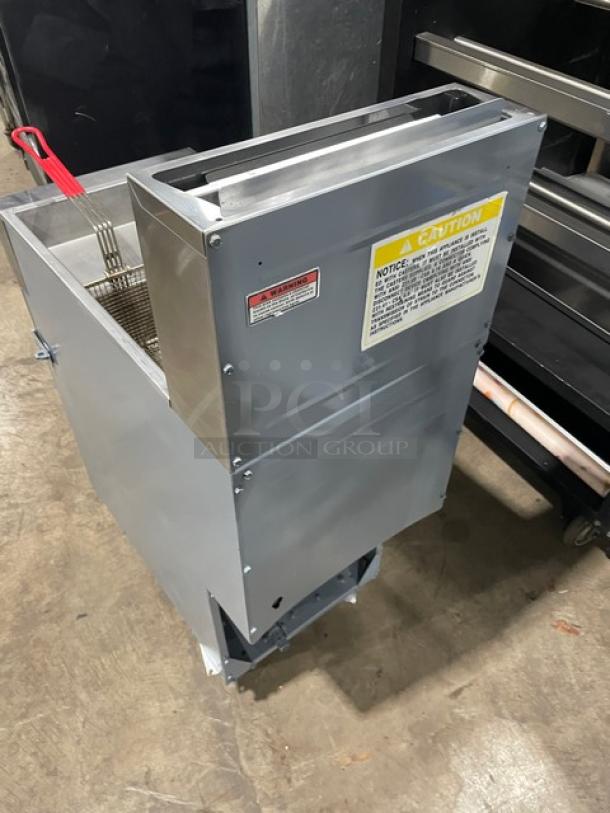 Cookline commercial stainless steel gas deep fat fryer with backsplash, fry basket, and legs; caution labels visible.