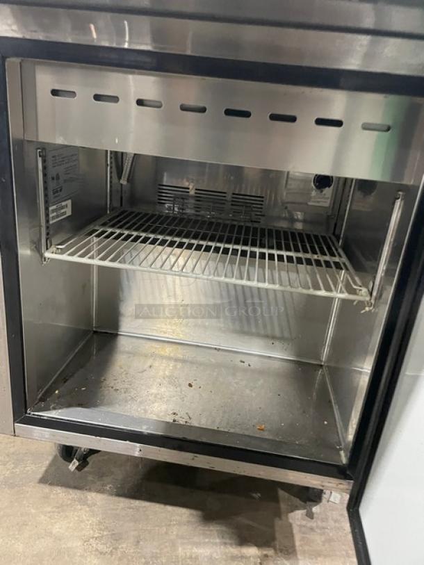 Turbo Air M3 Series MST-28-12 refrigerated prep table, stainless steel, single door, poly coated rack, on casters.