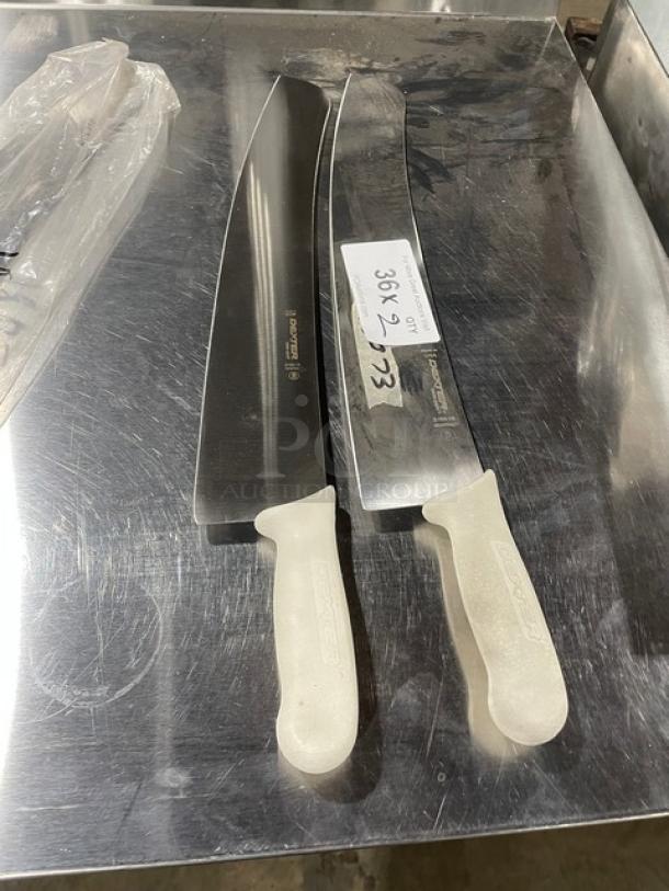 Dexter Russell Sani-Safe 18" pizza knife, model S160-18, with white grip handle. New condition, stainless steel blade.