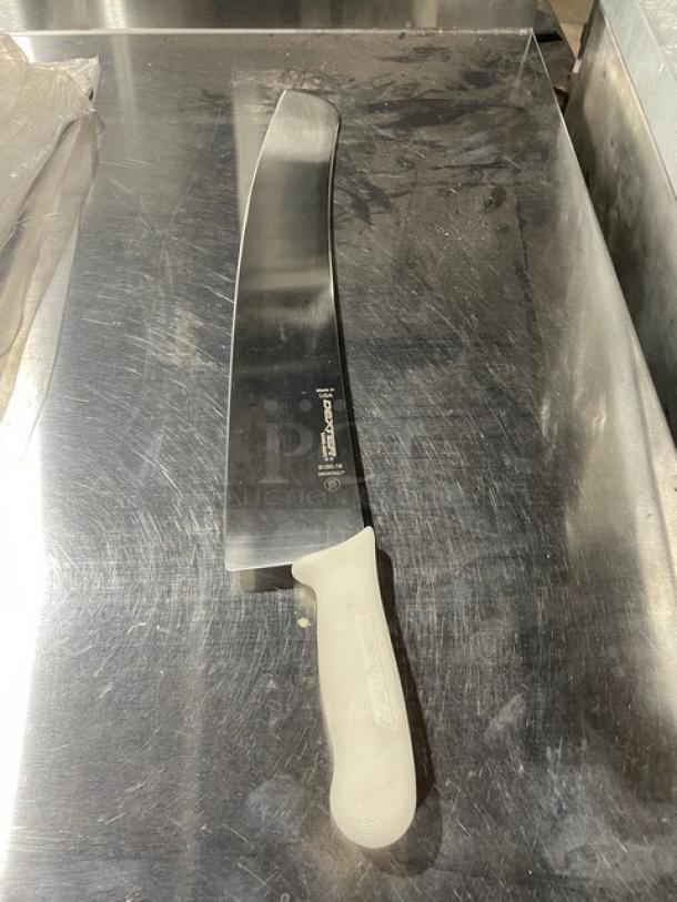 Dexter Russell Sani-Safe S160-18 18" stainless steel pizza knife with white grip handle, new condition.