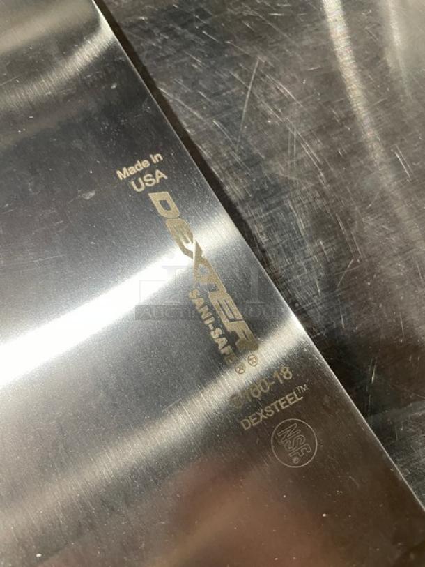 Dexter Russell Sani-Safe 18" pizza knife, model S160-18, stainless steel with white grip, Made in USA markings.