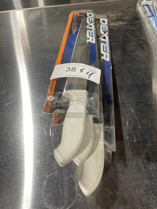 Dexter Russell SofGrip 14" slicer, model SG14014WGEPCP, with stainless steel blade and white grip handle, in packaging.