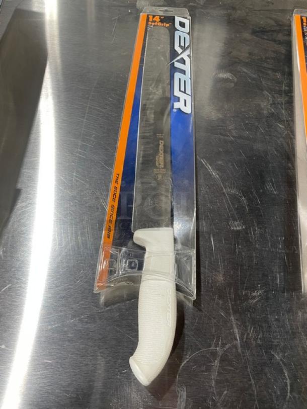 Dexter Russell SofGrip 14” duo-edge slicer, model SG14014WGEPCP, new in packaging. White handle, stainless steel blade.