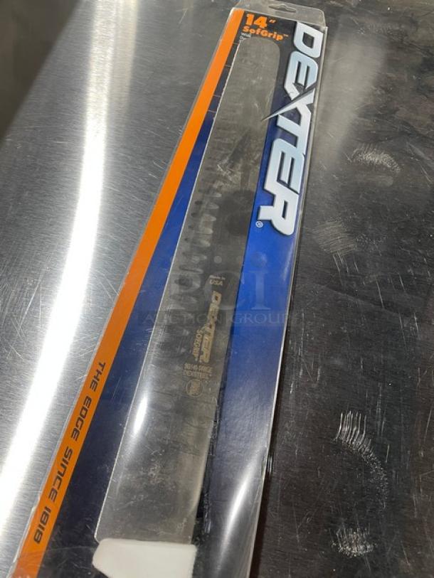 Dexter Russell SofGrip 14" Duo-Edge Slicer, Model SG14014WGEPCP, new condition, white grip handle, in packaging.