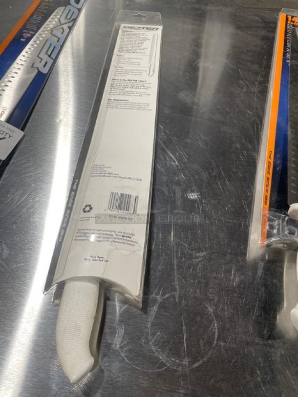 NEW Dexter Russell SofGrip 14” Duo-Edge Slicer, Model SG140-14WGE-PCP, in packaging, with white grip handle.