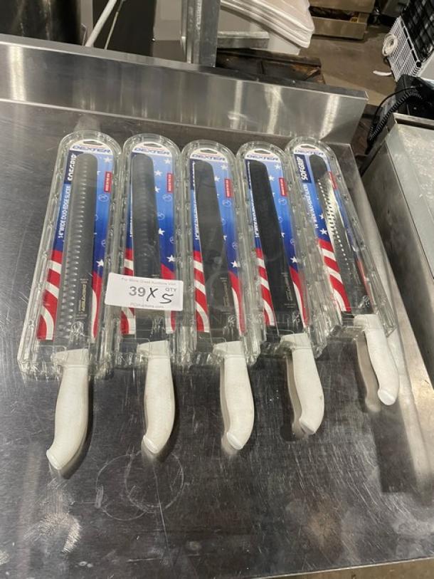 Dexter Russell SofGrip 14" Duo-Edge Slicer, Model SG140-14WGE-PCP, new condition, white grip handle, set of five.