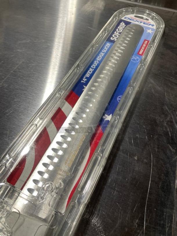 Dexter Russell SofGrip 14” slicer SG140-14WGE-PCP, stainless steel, duo-edge blade, white grip, in original packaging.