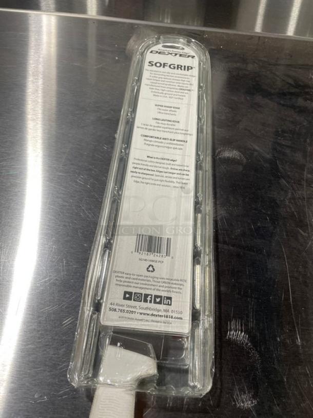 NEW Dexter Russell SofGrip 14" Duo-Edge Slicer, Model SG140-14WGE-PCP, stainless steel with white handle, in packaging.