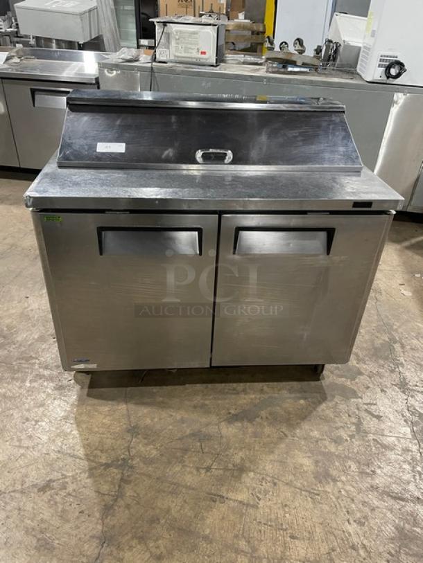 Turbo Air MST-48-N Stainless Steel 2-Door Refrigerated Prep Table, Poly Coated Rack, 115V, on Casters.