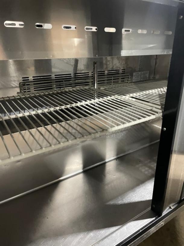 Turbo Air MST-48-N 2-door refrigerated prep table, stainless steel, poly-coated wire rack, on casters, 115V.
