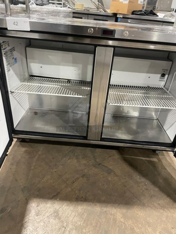 True Commercial 2 Door 48" Worktop Refrigerator, Model TUC-48, stainless steel, Energy Star certified, with shelves and heat lamp.